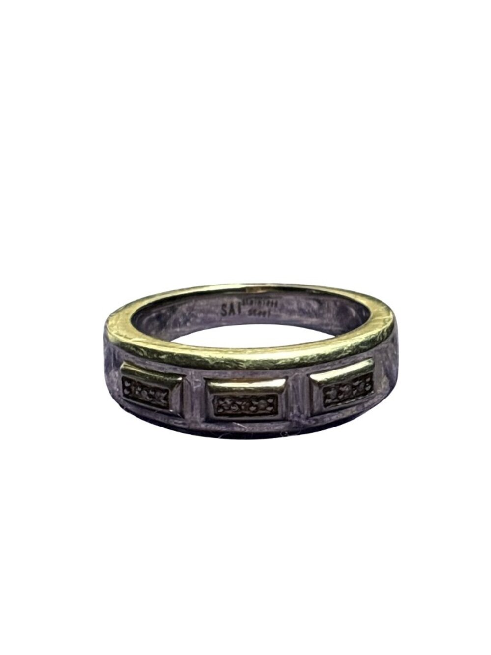 Samuel Aaron SAI Signed Stainless Steel Diamond Chips Ring Size 10.5